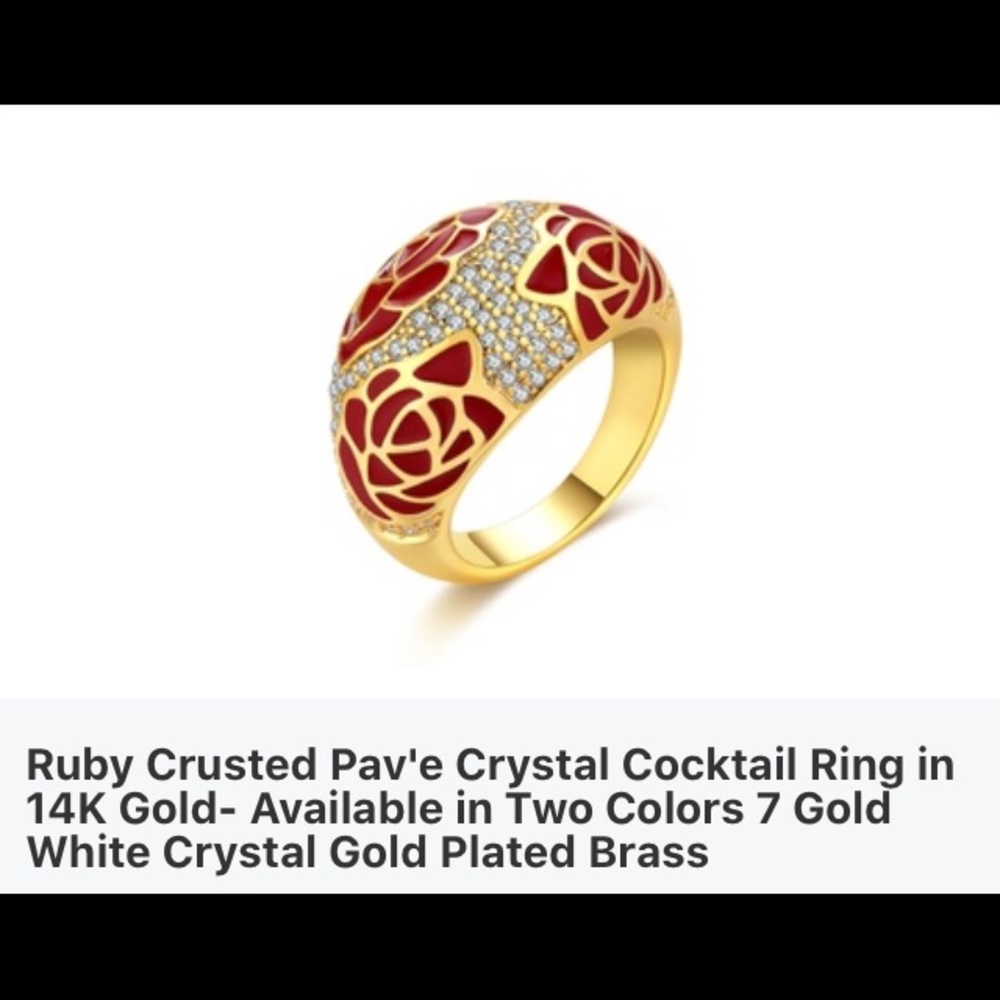 Ruby crusted pav'e crystal cocktail ring 14kgold.